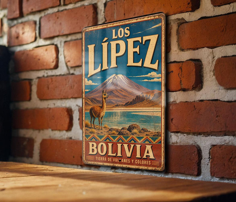 A vintage-style metal sign with the text "LOS LÍPZ" and "BOLIVIA" displayed prominently, featuring an illustration of a llama and a mountain landscape.