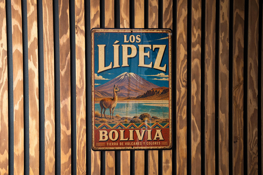 A vintage metal sign with the text "LOS LIPEZ BOLIVIA" and an illustration of a llama standing in front of a mountain.