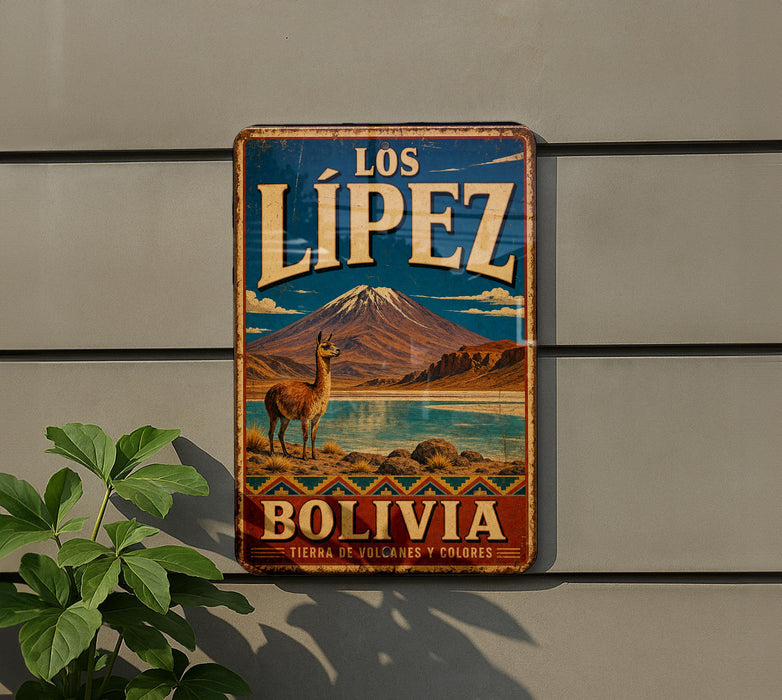 A vintage-style metal sign with the text "LOS LIEPZ BOLIVIA" and an illustration of a llama standing in front of a mountain.