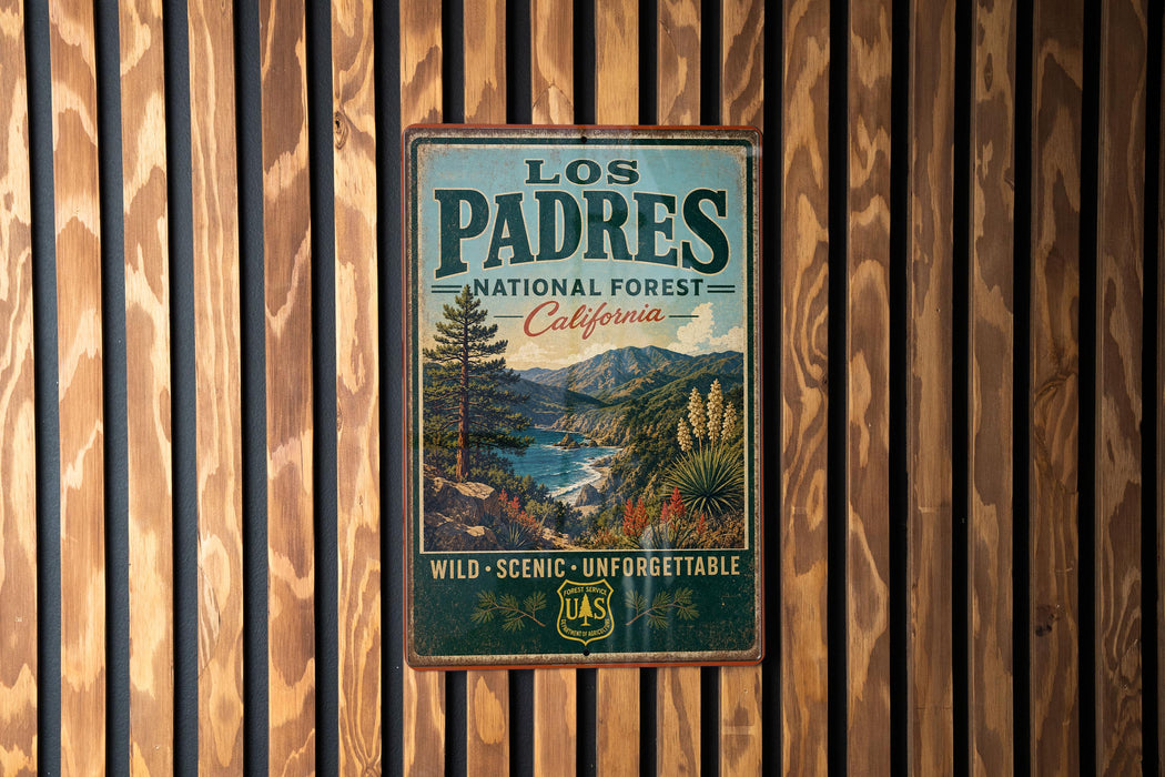 A vintage metal sign for the Los Padres National Forest in California, featuring a scenic landscape with mountains, trees, and a river.