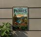 A vintage-style metal sign for the Los Padres National Forest in California, featuring a scenic landscape with mountains, trees, and a river.