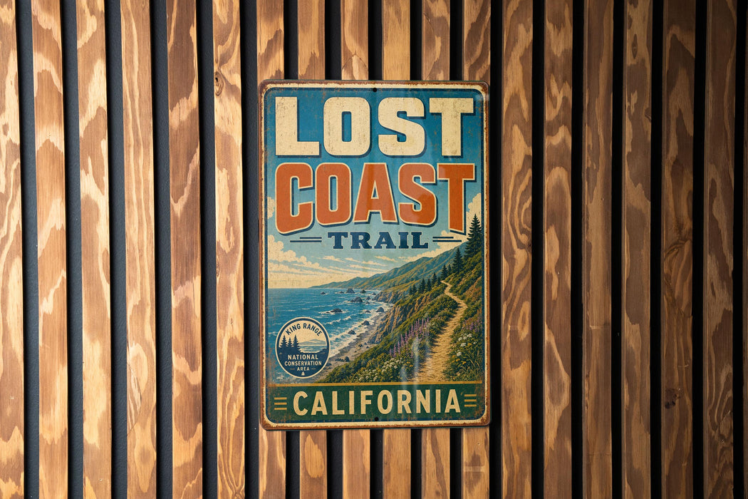 A vintage-style metal sign that reads "LOST COAST TRAIL" is mounted on a wooden wall.