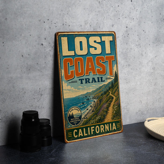 A vintage-style sign for the Lost Coast Trail in California, featuring a scenic illustration of the coastal landscape.
