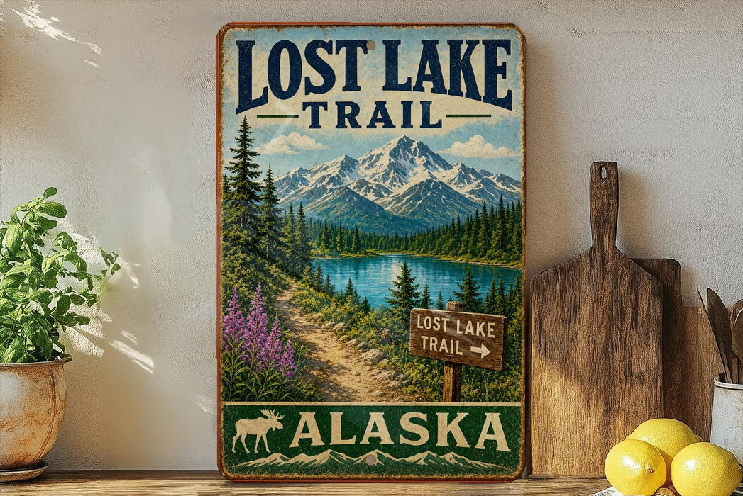 a vintage-style sign for the Lost Lake Trail in Alaska, with a scenic mountain landscape and a path leading to a lake.