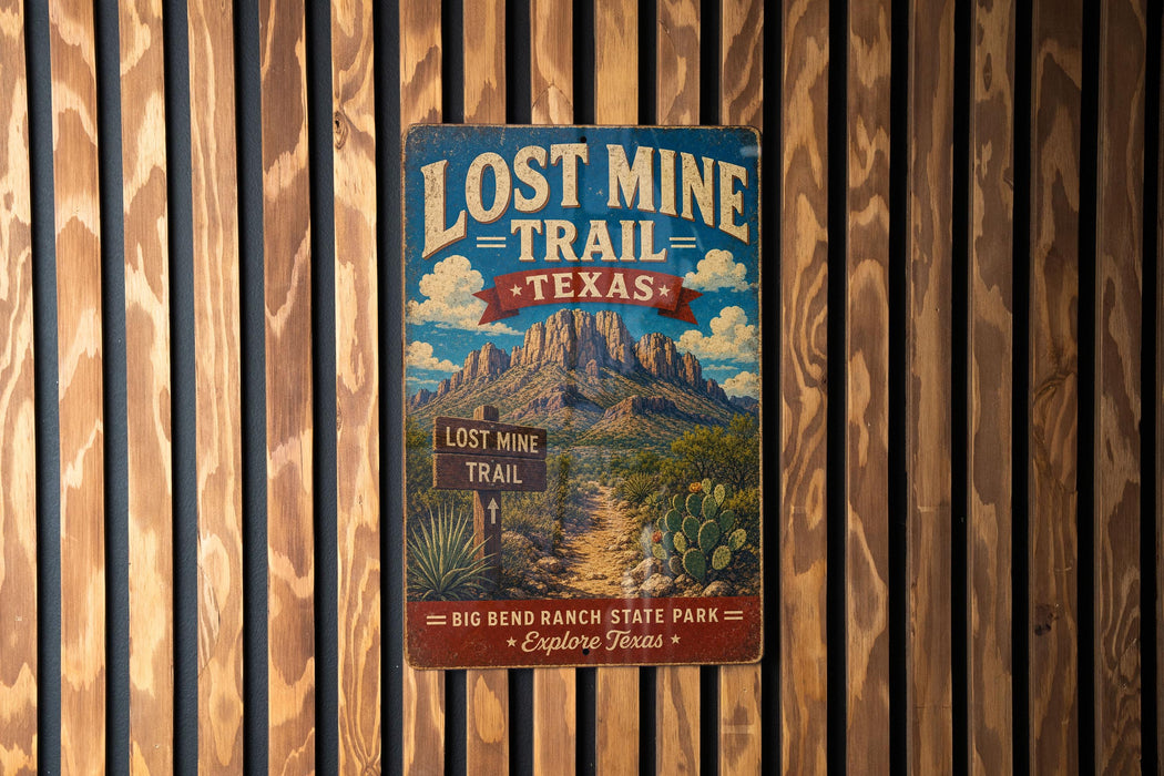 A vintage-style sign for Lost Mine Trail in Texas, featuring a mountain landscape and trail signs, mounted on a wooden wall.