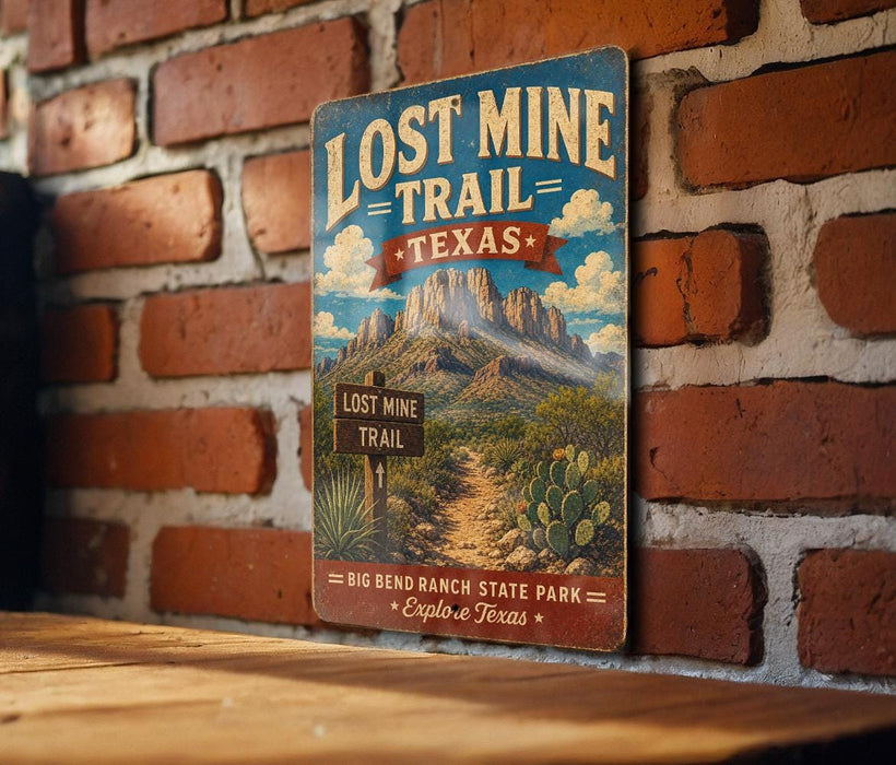 a vintage-style sign for the Lost Mine Trail in Texas, mounted on a brick wall.