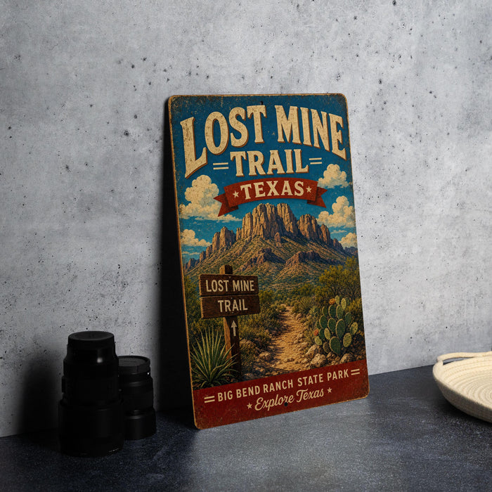 a vintage-style sign for the Lost Mine Trail in Texas, with a desert landscape and mountains in the background.