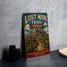 a vintage-style sign for the Lost Mine Trail in Texas, with a desert landscape and mountains in the background.