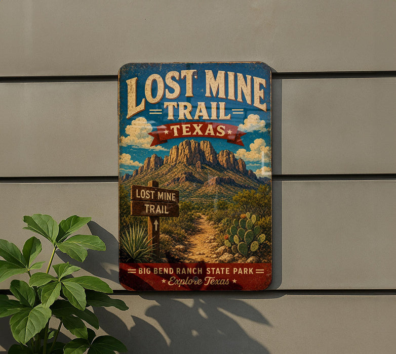 a vintage-style sign for the Lost Mine Trail in Texas, with a mountain landscape and a trail sign in the foreground.