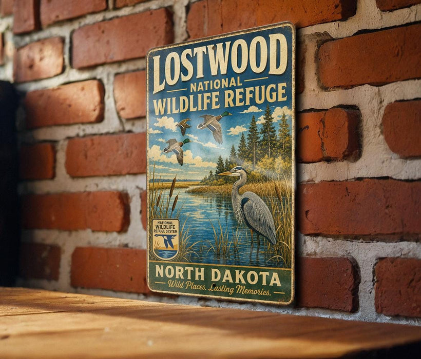 A vintage-style metal sign for the Lostwood National Wildlife Refuge in North Dakota, featuring an illustration of a heron and a serene landscape.