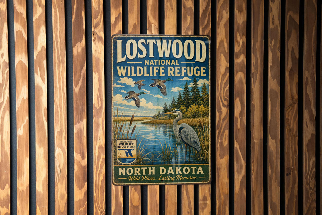 a vintage-style metal sign for the Lostwood National Wildlife Refuge in North Dakota, with a serene landscape of a lake, trees, and birds.