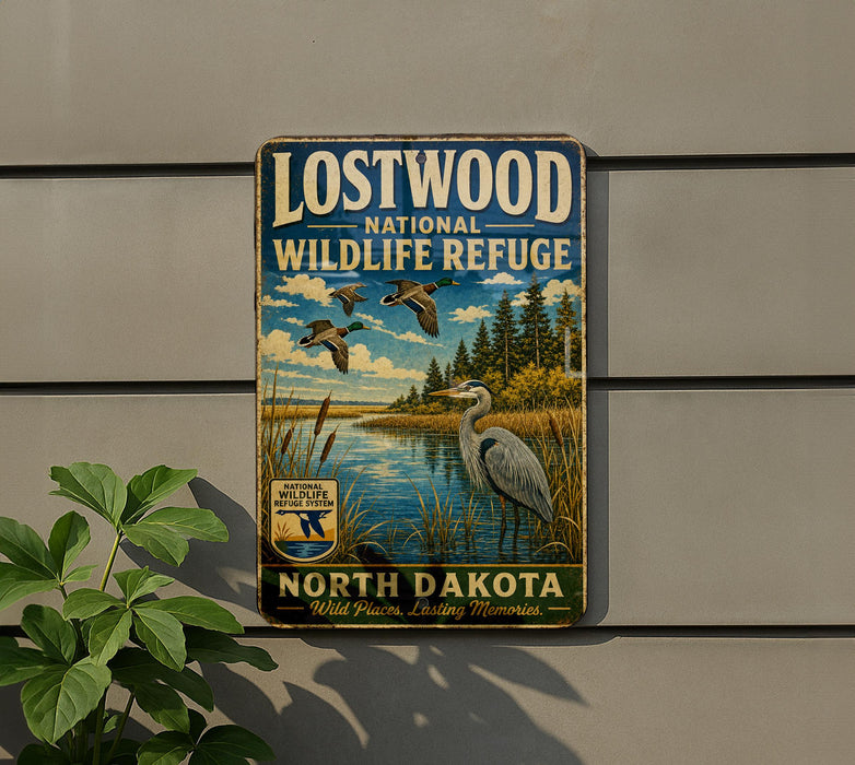 A vintage-style metal sign for the Lostwood National Wildlife Refuge in North Dakota, featuring a serene landscape with ducks and a heron.