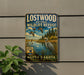 A vintage-style metal sign for the Lostwood National Wildlife Refuge in North Dakota, featuring a serene landscape with ducks and a heron.