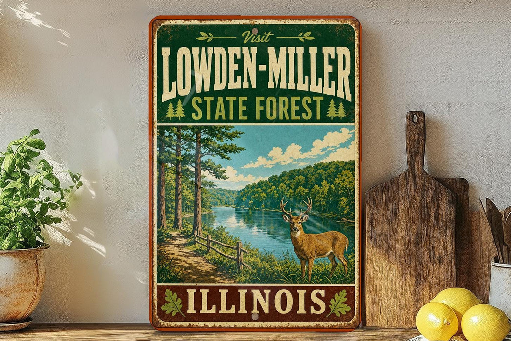 A vintage-style sign for the Lowden-Miller State Forest in Illinois, featuring a scenic illustration of a deer in the foreground and a river in the background.