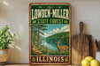 A vintage-style sign for the Lowden-Miller State Forest in Illinois, featuring a scenic illustration of a deer in the foreground and a river in the background.