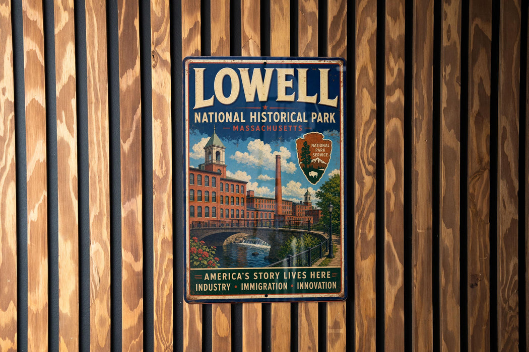 A vintage metal sign for Lowell National Historical Park, featuring an illustration of a building and a river, mounted on a wooden wall.