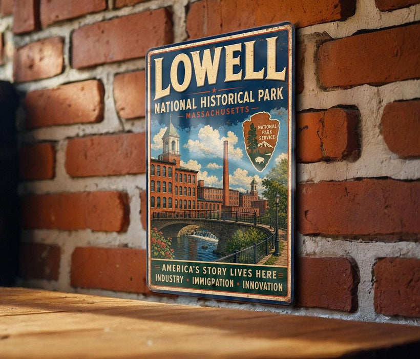 A vintage-style metal sign for Lowell National Historical Park in Massachusetts, featuring an illustration of a historic building and a river.