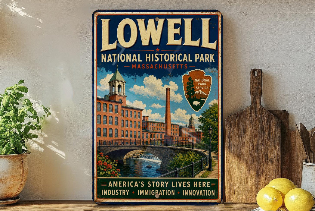 A vintage-style metal sign for Lowell National Historical Park in Massachusetts, featuring an illustration of a historic building and a river.