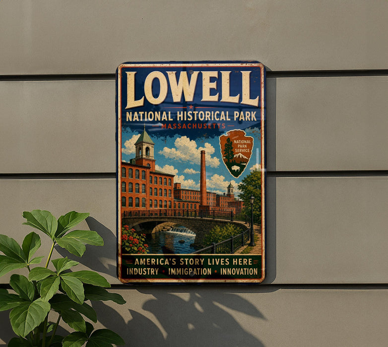 A vintage-style metal sign for Lowell National Historical Park, featuring an illustration of a historic building and a river.