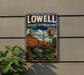 A vintage-style metal sign for Lowell National Historical Park, featuring an illustration of a historic building and a river.