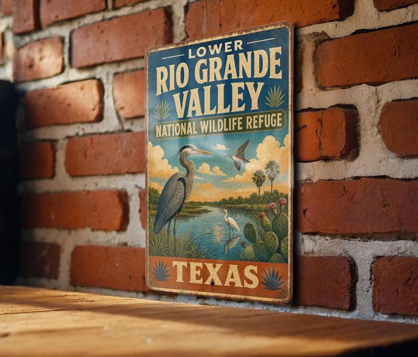 A vintage-style sign for the Lower Rio Grande Valley National Wildlife Refuge in Texas, featuring an illustration of a heron and other wildlife in a natural setting.