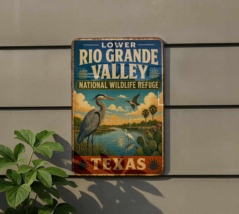 A vintage-style metal sign for the Lower Rio Grande Valley National Wildlife Refuge in Texas, featuring an illustration of a heron and other wildlife in a natural setting.