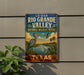 A vintage-style metal sign for the Lower Rio Grande Valley National Wildlife Refuge in Texas, featuring an illustration of a heron and other wildlife in a natural setting.