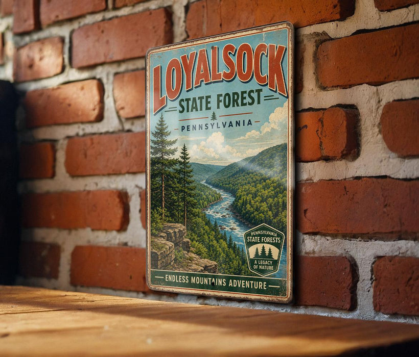 A vintage-style metal sign for the Loyal sock State Forest in Pennsylvania, featuring a scenic image of a forest and a river.