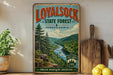 A vintage-style poster of the Loyalsock State Forest in Pennsylvania, featuring a scenic mountain landscape with a river and pine trees.