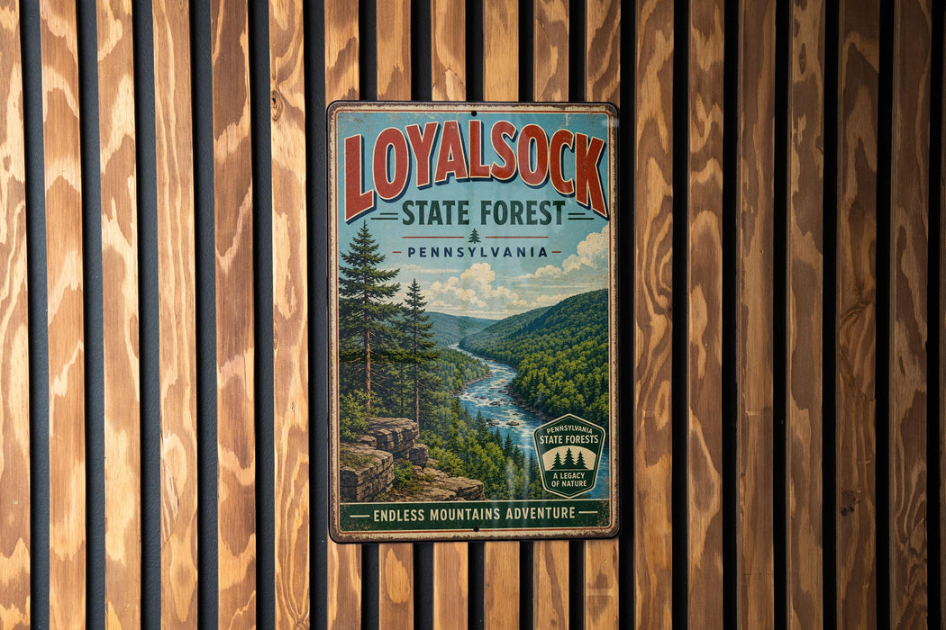 A vintage metal sign for the Loyal sock State Forest in Pennsylvania, featuring a scenic mountain landscape with a river and pine trees.