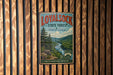 A vintage metal sign for the Loyal sock State Forest in Pennsylvania, featuring a scenic mountain landscape with a river and pine trees.