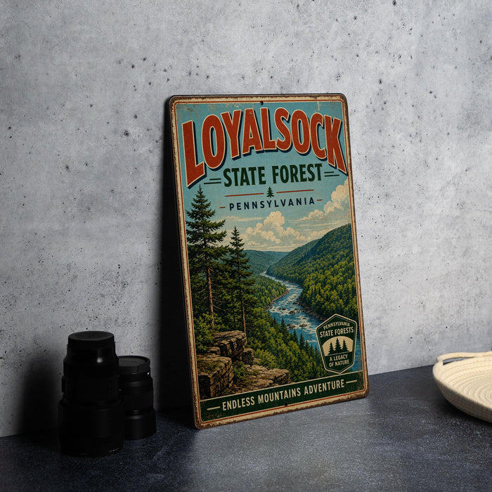 A vintage-style metal sign for the Loyalsock State Forest in Pennsylvania, featuring a scenic mountain landscape with a river and pine trees.