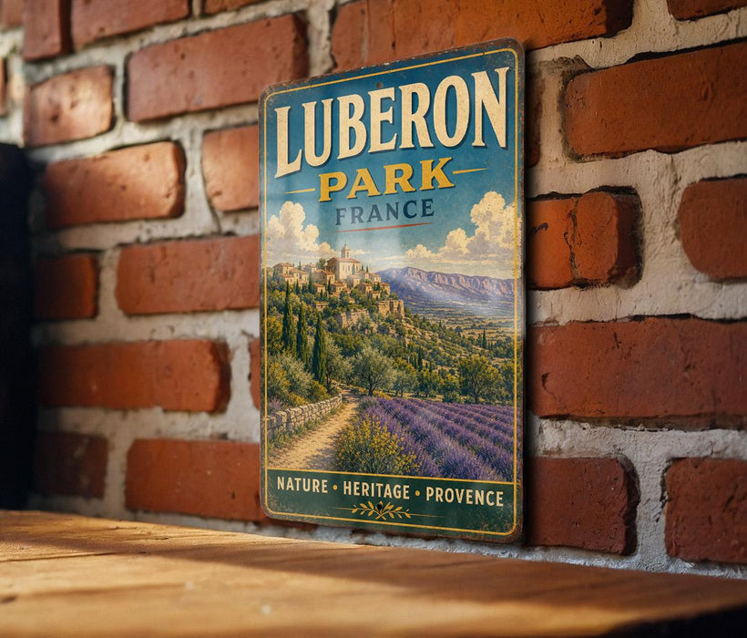 A vintage metal sign displaying the name "Lubberon Park, France" and the words "NATURE - HERITAGE - PROVENCE" is hanging on a brick wall.
