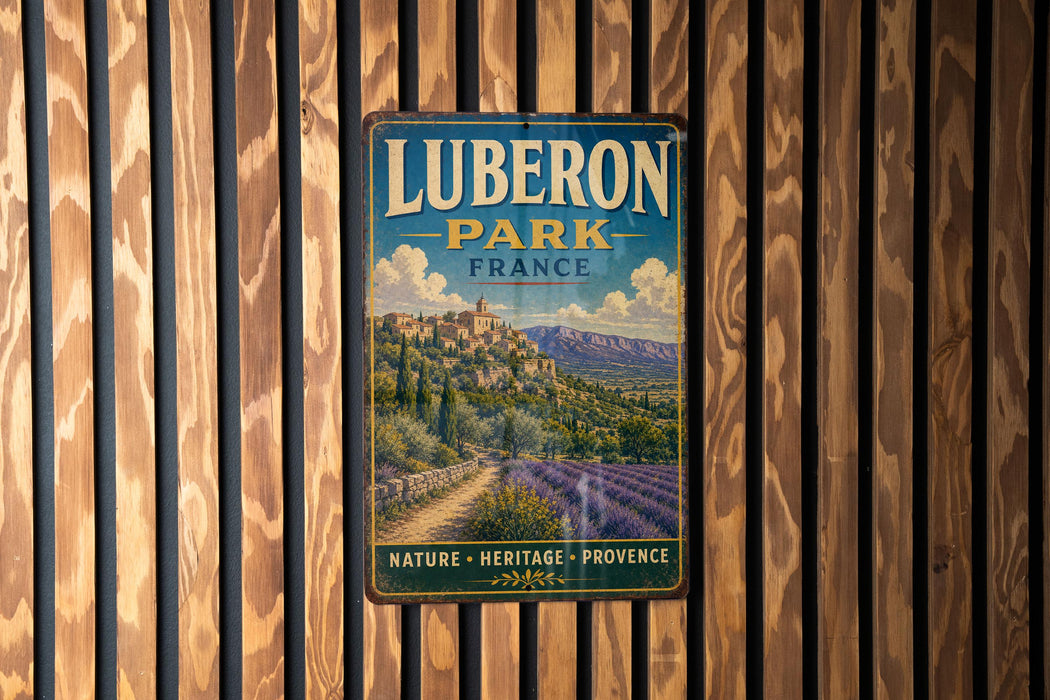 A vintage metal sign with the text "LUBERON PARK FRANCE" and "NATURE - HERITAGE - PROVENCE" is displayed on a wooden wall.