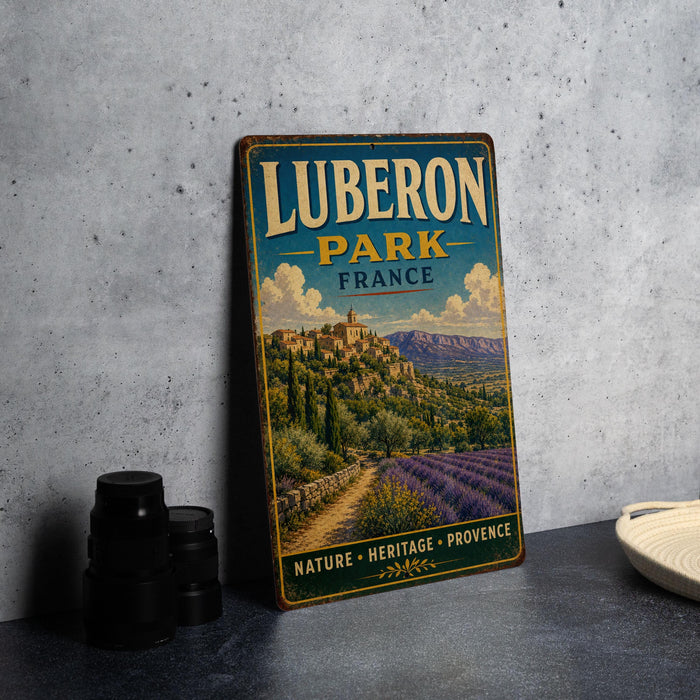 A vintage-style metal sign for Lubberon Park, France, featuring a scenic landscape with mountains, olive groves, and a winding path.