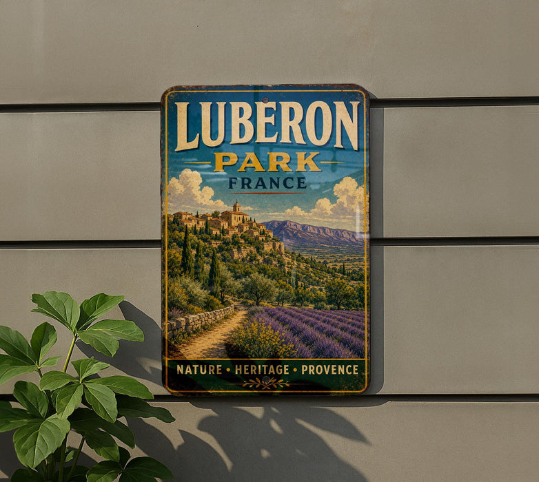 A vintage metal sign for Lubberon Park in France, featuring a scenic landscape with mountains, a village, and lavender fields.