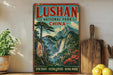 A vintage-style poster advertising Lushan National Park in China, featuring a scenic landscape with mountains, a waterfall, and a temple.