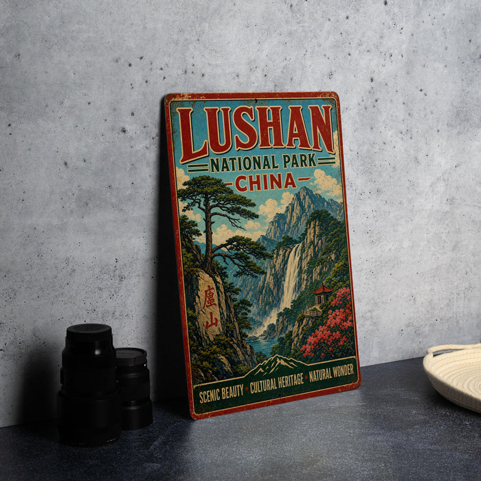 A vintage-style sign for Lushan National Park in China, featuring a scenic landscape with mountains, trees, and a waterfall.