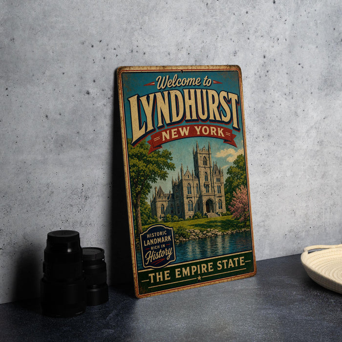 A vintage-style metal sign welcoming visitors to Lyndhurst, New York, with a castle and trees in the background.