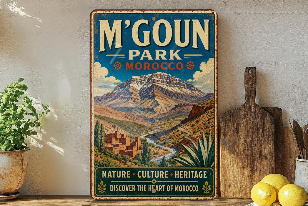 A vintage-style metal sign for M'Goun Park in Morocco, featuring a mountain landscape and text promoting the park's nature, culture, heritage, and the heart of Morocco.