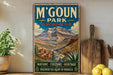 A vintage-style metal sign for M'Goun Park in Morocco, featuring a mountain landscape and text promoting the park's nature, culture, heritage, and the heart of Morocco.
