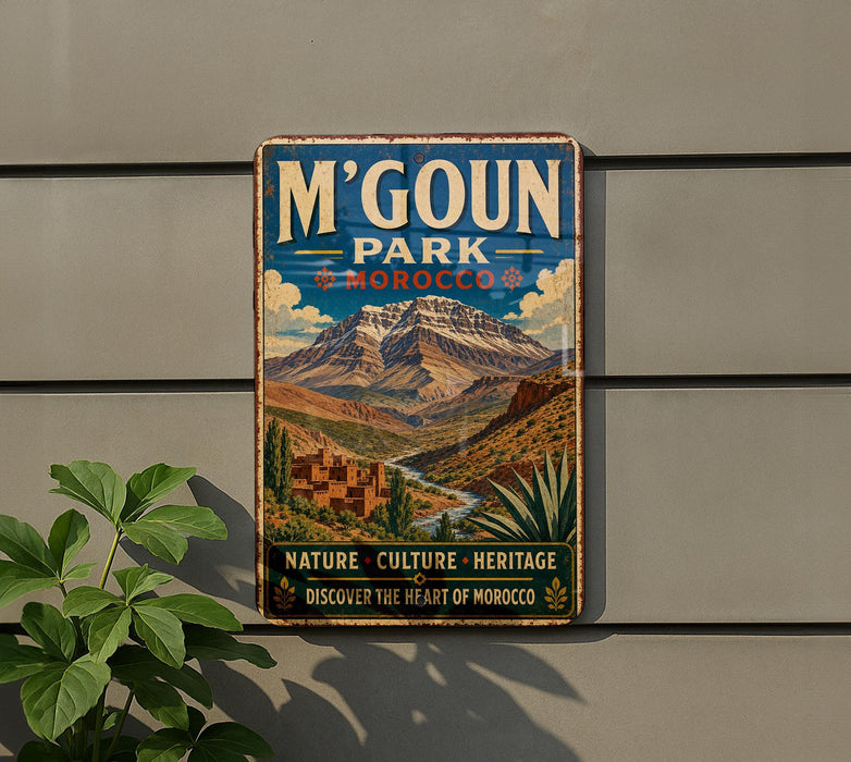 A vintage metal sign for M'Goun Park in Morocco, featuring a mountain landscape and text promoting the park's nature, culture, and heritage.