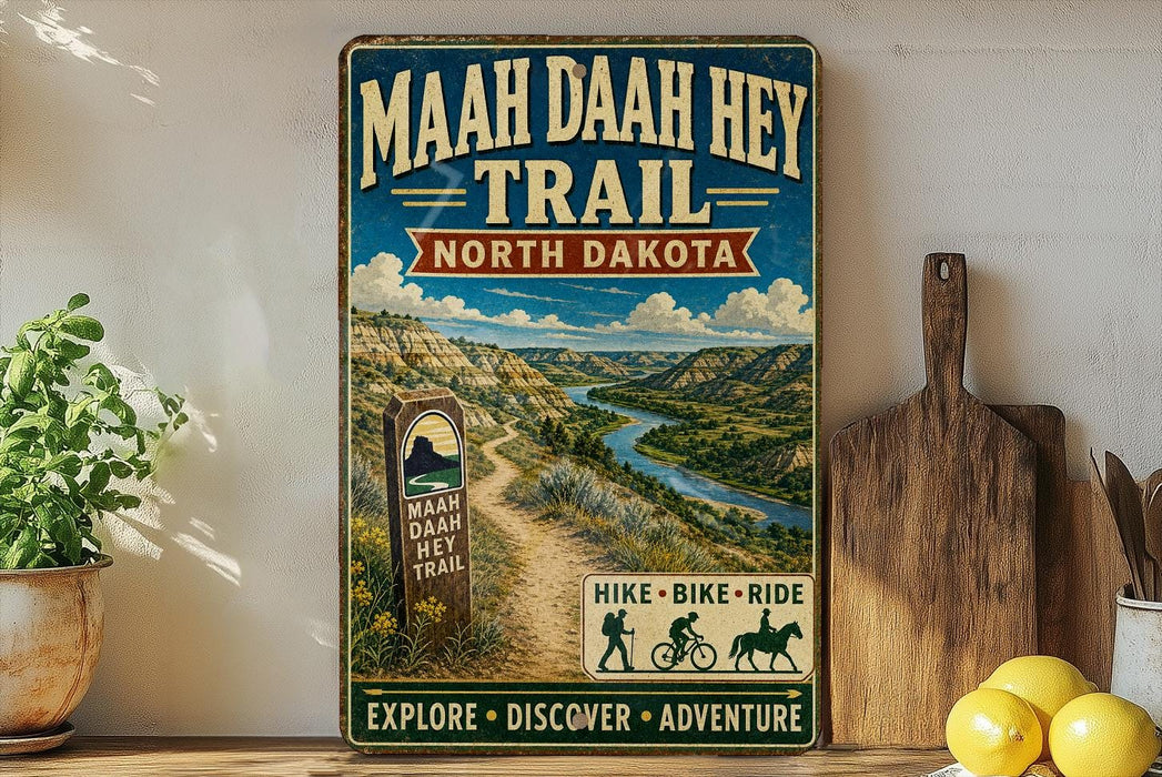 A vintage-style metal sign for the Maah Daha He Trail in North Dakota, featuring a scenic mountain landscape and trail marker.