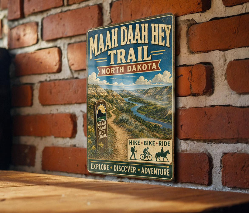 A vintage-style metal sign for the Maah Daha Hay Trail in North Dakota, featuring a scenic mountain landscape and hiking trails.