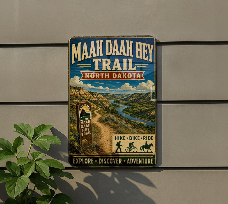 a vintage trail sign for the Maah Daha Heh Trail in North Dakota, with a scenic mountain landscape and a path leading through the area.