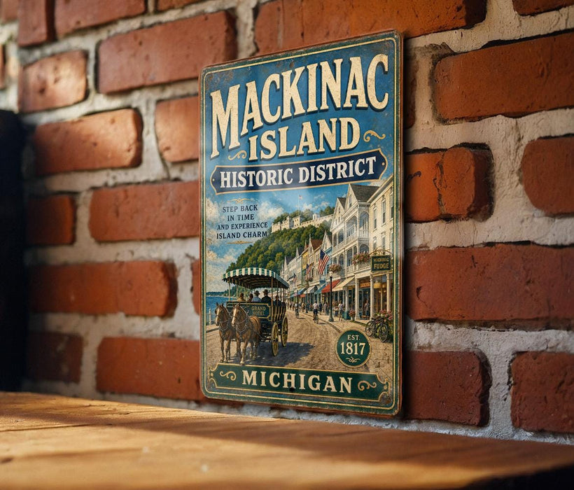 A vintage-style metal sign for Mackinac Island, featuring an illustration of a horse-drawn carriage and the text "Mackinac Island Historic District" and "Michigan".