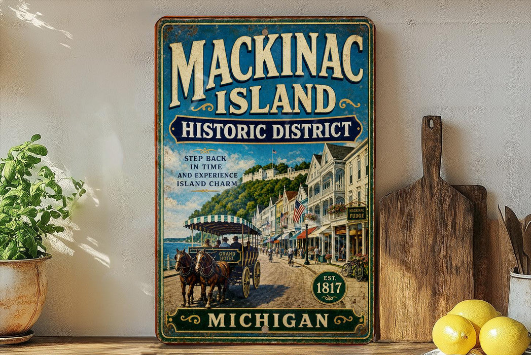 A vintage-style metal sign for Mackinac Island, Michigan, featuring an illustration of a horse-drawn carriage and a scenic coastal town.