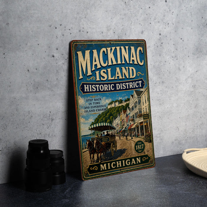 A vintage-style metal sign for Mackinac Island, the historic district, with a picture of a horse-drawn carriage and a scenic view of the island.