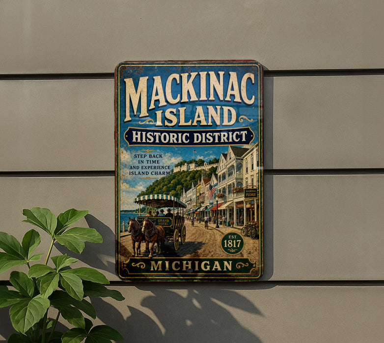A vintage metal sign for Mackinac Island Historic District, featuring an illustration of a horse-drawn carriage and buildings along a waterfront.