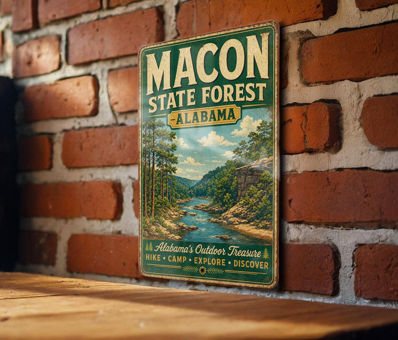 A vintage-style metal sign for the Macon State Forest in Alabama, featuring a scenic landscape with a river and forest.
